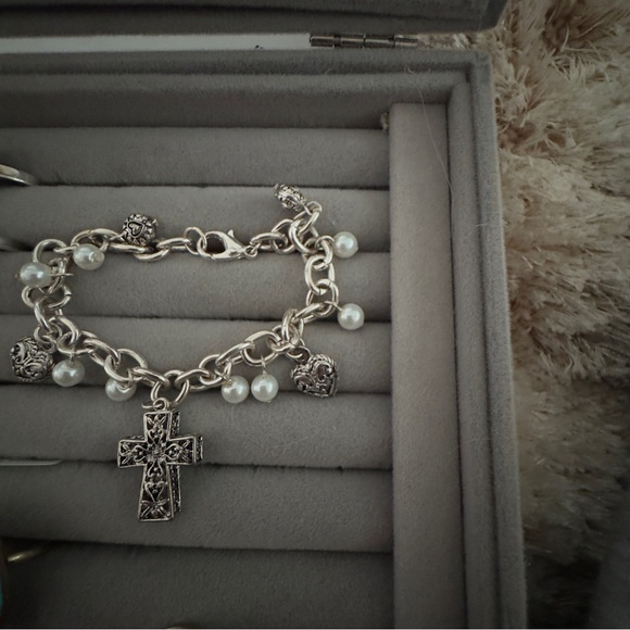 Jewelry - Silver Charm Bracelet with Cross and Pearls